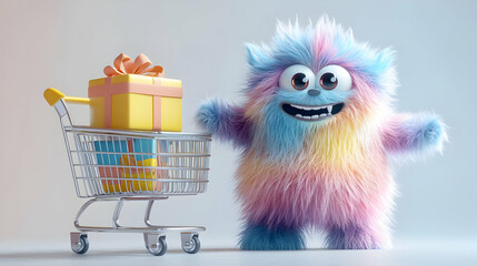 Rainbow Furry Monster with Shopping Cart and Gifts 3D Illustration