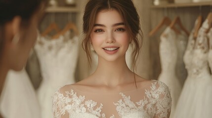 Naklejka premium Happy bride trying on wedding dress in bridal shop.