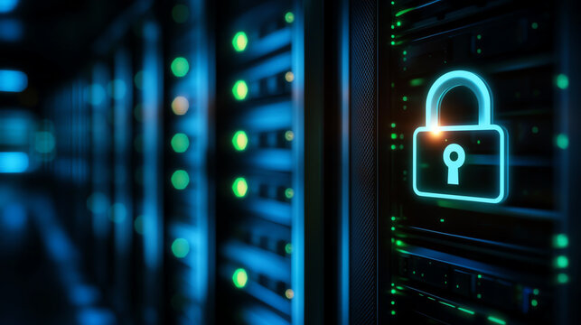 Close-up of a secure server with glowing padlock icon, representing data protection.