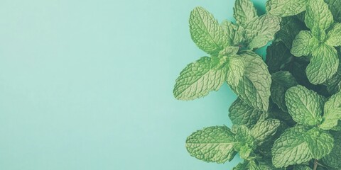 Fresh mint sprigs creating a vibrant contrast on a soothing turquoise background for culinary or aromatic use