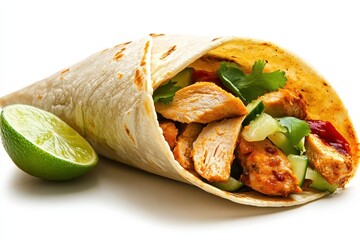 Delicious grilled chicken wrap with fresh vegetables and cilantro served with a wedge of lime on a white background perfect for culinary and food photography