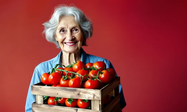 Femme &acirc;g&eacute;e souriante aux cheveux blancs portant une cagette de tomates fra&icirc;ches, portrait sur fond rouge, sc&egrave;ne de march&eacute; et agriculture locale, production mara&icirc;ch&egrave;re de saison