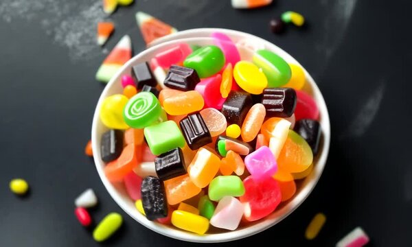 Bol rempli de bonbons g&eacute;lifi&eacute;s multicolores sur fond noir, assortiment de friandises acidul&eacute;es et sucr&eacute;es pour enfants et gourmands, composition vive et app&eacute;tissante, snack sucr&eacute; et confiserie