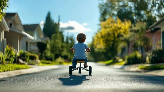 A young child pedals a tricycle down a peaceful suburban street, basking in the sunshine and freedom of outdoor exploration