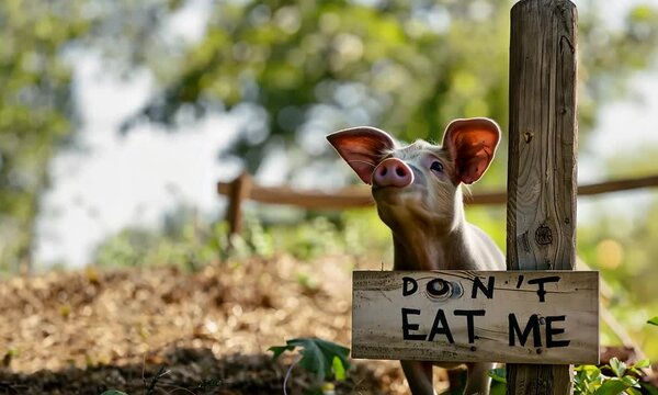 Porcelet mignon avec une pancarte "Don't eat me" en anglais, plaidoyer contre la consommation de viande, message vegan ou v&eacute;g&eacute;tarien pour la protection animale en milieu rural
