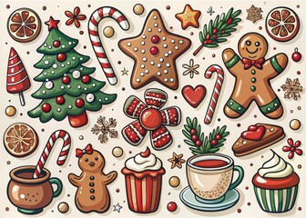 Festive doodles of Christmas food for greeting cards and posters, featuring vibrant New Year vector illustrations that capture the holiday spirit in every design.