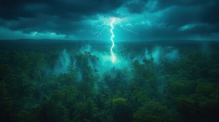 A dramatic lightning strike illuminates a dense forest under dark, stormy skies.