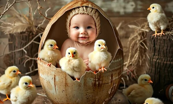 B&eacute;b&eacute; dans une coquille d&rsquo;&oelig;uf entour&eacute; de poussins sur lit de paille, sc&egrave;ne po&eacute;tique et champ&ecirc;tre pour c&eacute;l&eacute;brer P&acirc;ques et le printemps, ambiance rustique et festive