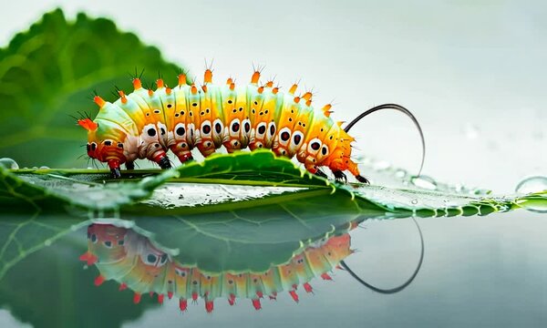 Chenille color&eacute;e pos&eacute;e sur une feuille avec gouttes d&rsquo;eau et reflet dans l&rsquo;eau, gros plan macro haute d&eacute;finition sur fond doux, insecte au corps segment&eacute; aux couleurs vives, nature et biodiversit&eacute;