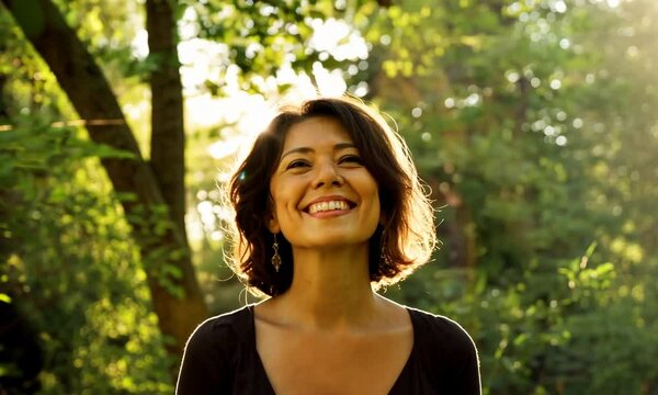 femme eurasienne aux cheveux courts souriante lors d&rsquo;une promenade en for&ecirc;t, lumi&egrave;re naturelle dor&eacute;e, ambiance estivale et v&eacute;g&eacute;tation floue avec bokeh en arri&egrave;re-plan