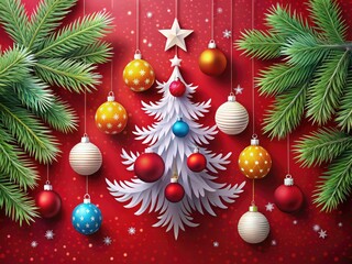 Naklejka premium Festive red Christmas landscape featuring elegant white paper art fir trees, adorned with colorful balls and stars, perfect for holiday cards and banners.