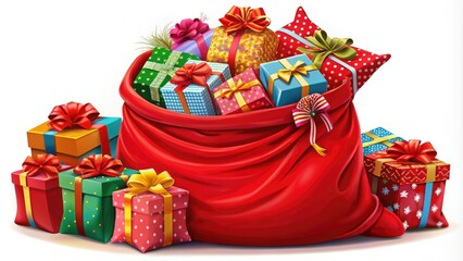 Festive red Christmas sack brimming with presents, featuring a cheerful cartoon Santa. Perfect vector illustration to celebrate New Year&acirc;&euro;&trade;s joy and spread holiday spirit!