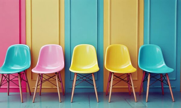 Chaises color&eacute;es align&eacute;es dans une salle d&rsquo;attente au design moderne et minimaliste, murs pastel rose, jaune et turquoise, ambiance accueillante et contemporaine avec espace n&eacute;gatif copyspace

