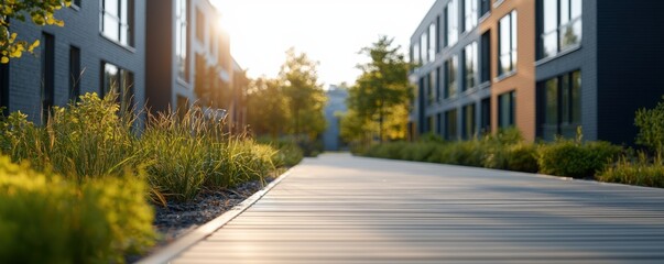 Fototapeta premium A serene pathway lined with greenery, leading between modern buildings, illuminated by warm sunlight, creating a peaceful urban atmosphere.