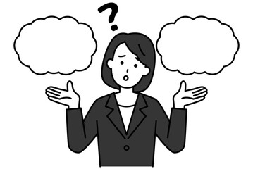 二つの選択肢に迷っている黒いスーツの女性