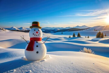 Flat snowman icon with a long shadow in a minimalist winter landscape. Ideal for seasonal decor, holiday graphics, and Christmas-themed vector art. EPS10 format, snowy backdrop.