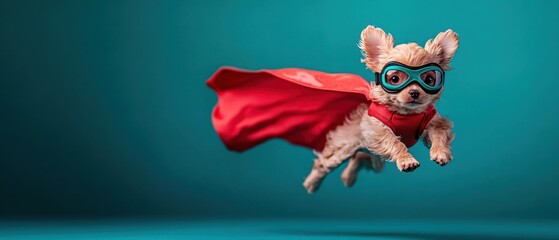 Adorable Superhero Puppy Dog in Flight, Wearing Cape and Goggles