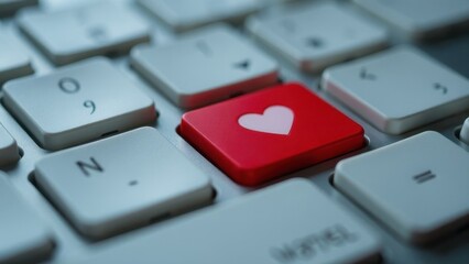 Red button with heart on white computer or laptop keyboard, valentine's day
