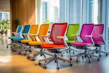 Brightly colored ergonomic chairs in a contemporary office showroom.