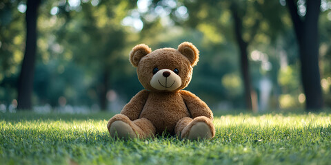 A teddy bear sits in the grass in front of a field of flowers.
