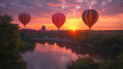 Hot air balloons ascend at sunset over a serene lake, creating a picturesque landscape.