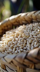 Obraz premium Close-up of Brown Rice in a Rustic Basket