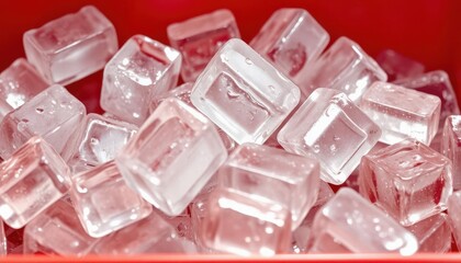 Crystal-clear melting ice cubes in a red cooler with bright lighting.