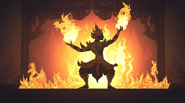 A detailed vector illustration of Nang Talung shadow puppets, showing a traditional Thai puppet master performing against a glowing fire-lit screen.