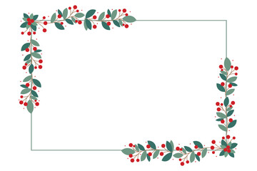 Rectangular Framed Or Wreath With Red Cherry Berries And Green Leaves