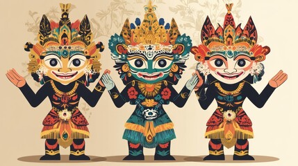 Fototapeta premium A modern vector reinterpretation of Nang Talung puppets, blending traditional Thai designs with a contemporary, colorful aesthetic. -
