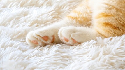 Cozy and Close-up View of Orange Cat Paws Resting on Soft White Fur Blanket