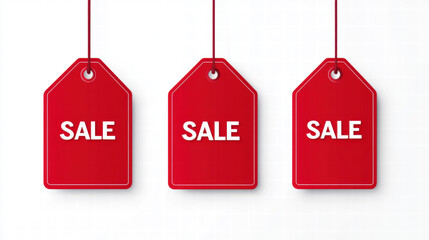 3 red price tags with the word "SALE" on them, white background