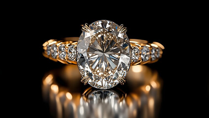 A sparkling gold ring featuring a large oval diamond centerpiece.