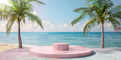 A pink and blue stage with palm trees and a blue ocean in the background.Beach podium summer background sand product 3D sea display platform Beach podium summer banner stand

