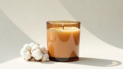 Mockup white aroma wax candle in brown glass, warm and elegant lighting with cotton flower, minimalistic white background, daylight, studio photo for advertising, banner, business card, spa room