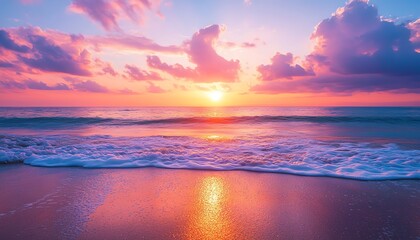 Family enjoying a sunset stroll along the beach, vibrant colors in the sky, peaceful scene with copy space for a warm and inviting wallpaper or background