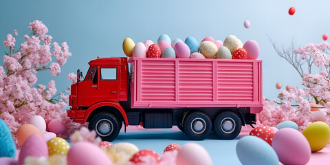 Cute Pink Truck Full of Colorful Easter Eggs

