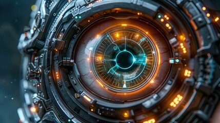 Futuristic robotic eye with glowing circuits and intricate details.