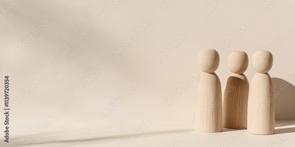 Poster Carved wooden figurines against a contrast empty space showcasing clean shadows and unique design elements in a minimalist setting