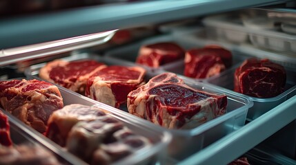 Fresh raw beef steaks in clear containers inside a refrigerator.
