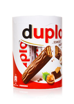 LONDON, UK - DECEMBER 02, 2024: Duplo chocolate bar with wafer and hazelnut on white background.Product by Ferrero.