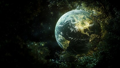 Fototapeta premium Generative AI concept of lush green nature blending harmoniously with a vibrant and healthy planet Earth, symbolizing the balance of environmental sustainability