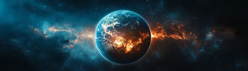 Fototapeta premium Generative AI depiction of Planet Earth on fire in outer space, dramatic flames engulfing the planet, cosmic background highlighting intense contrast