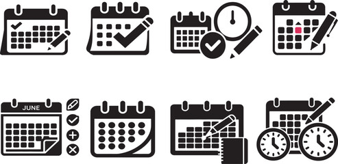 set or bundle of calendar, date, time icon silhouette