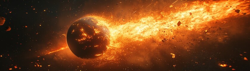 Generative AI visualization of a burning Earth in outer space, fiery disaster consuming the planet, dramatic cosmic backdrop with glowing embers
