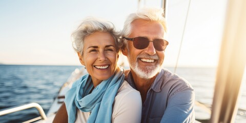 Relaxed of senior couple sailing luxury yacht. Generative AI.