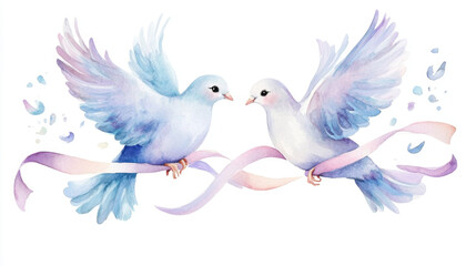 Fototapeta premium pair of doves flying with ribbons tied to their feet,nature, art, flight, 