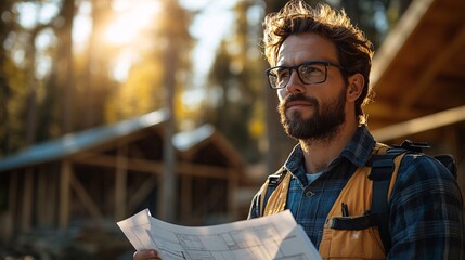 Engineer reviewing blueprints for house construction at building site in natural environment