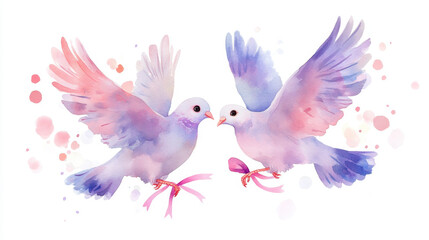 Obraz premium pair of doves flying with ribbons tied to their feet,oves, sky, branch, 