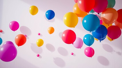A cluster of colorful balloons floats against a soft white backdrop, illuminated by gentle sunlight, creating a joyful and celebratory atmosphere.